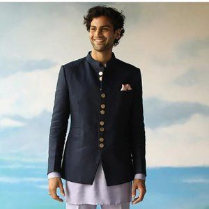 Navy Blue Linen Bandhgala Jacket